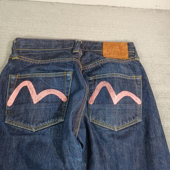 Evisu Japanese Selvedge Jeans Mens 31x29 Blue Denim Button Fly Wide Straight Leg